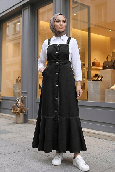 MODAQU Buttoned Pocketed Skirt Ruffled Denim Gilet -Black