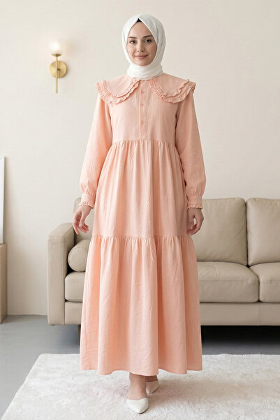 FERHEL Women's Layered Ruffled Peter Pan collar Robadan Hijab Dress - Salmon