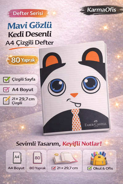 Faber Castell Kedi Desenli A4 Çizgili Defter 80 Yaprak 1 Adet – Mavi Gözlü Ke...