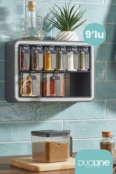 DUO LİNE HAUSEHOLD UTENSİLS 9-Piece Spice Jar Set with Stand, Self-Adhesive L...