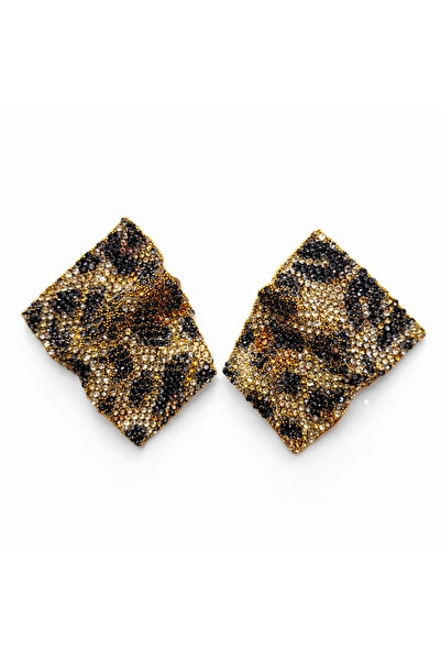 Angelovia Leopard Printed Piece Zircon Stone Square Earrings