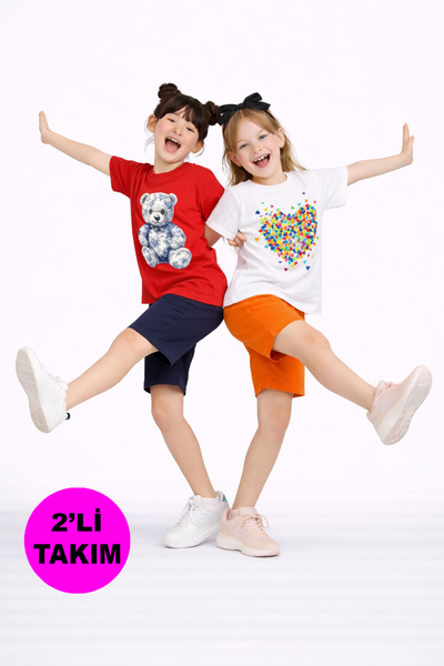 twins tailors Κοριτσίστικο σετ με τύπωμα τεμαχίων Teddy Bear And Heart Βαμβάκ...