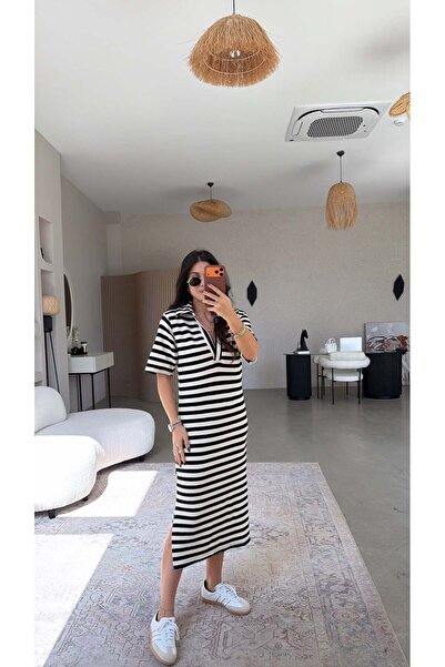 Buket Teke Ειδικό Πλεκτό Φόρεμα με Γιακά Ριγέ