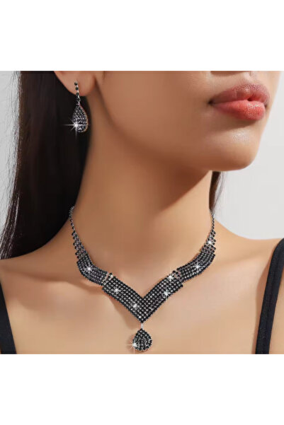 CRM Elegant Women's Jewelry Set, CRM, Black Crystal, V Shape with Teardrop Pe...