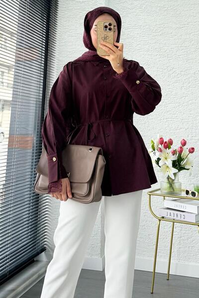 MELEK ARAZ Tunica cu umeri drapați și mâneci dantelă poplin - Prune