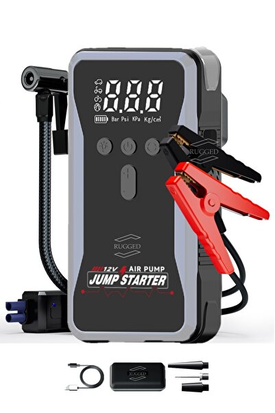 Şarjlı Taşınabilir 12 Volt Akü Takviye Cihazı Lastik Hava Kompresörü 5v Powerbanklı Akım Korumalı
