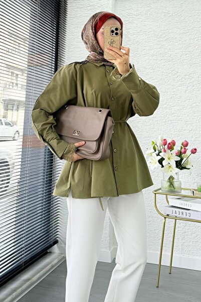 MELEK ARAZ Τουνίκ με μανίκια μέχρι τον ώμο ντραπέ Δαντέλα Ποπλίνα - Χακί