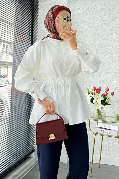 MELEK ARAZ Shoulder Draped Sleeve Tip Lace Poplin Tunic - White