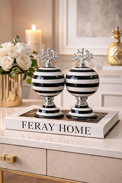 daiza home Ev Dekorasyon Aksesuarı 2 li Küre Dekoratif Obje Siyah Zebra GÜMÜŞ