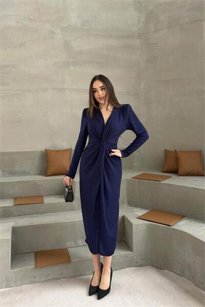 Neşeli Butik Women's Blue Wrap Ruched Glittery Premium Midi Dress Nbelb08