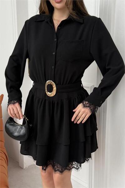 Neşeli Butik γυναικείο μαύρο φόρεμα με χρυσό Γιακάς πουκαμίσου Με αγκράφα Δαν...