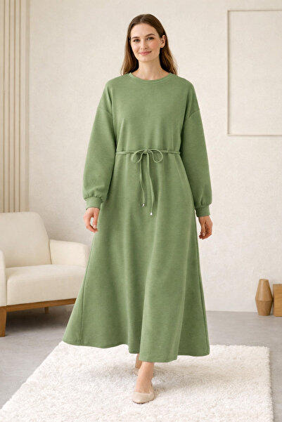 FERHEL Women's Round Neck Lace-Up Long Combed Cotton Fabric Dress - Çağla Green