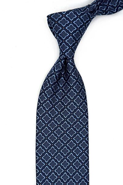 Kravatkolik Blue - Navy Blue Motif Pattern Classic Tie with Handkerchief Kk13480