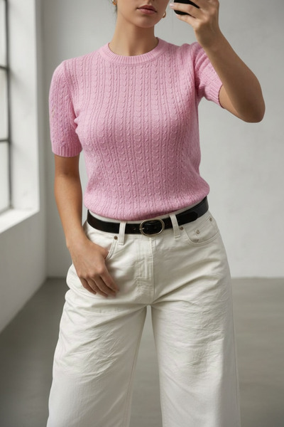 ModaYaren Short Sleeve Soft Textured Biscuit Collar Knitwear T-Shirt - T2049