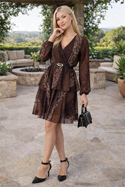 Neşeli Butik Women Brown Double-Breasted Collar Layered Mini Chiffon Dress Nb...