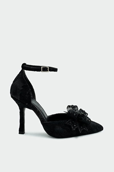 LAMİNTA Rodop Stone Bow Detail Women's Black Heeled Shoes