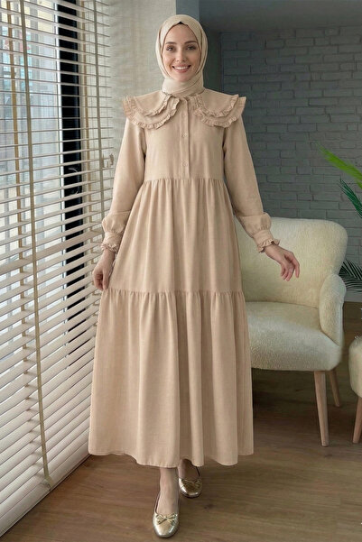 FERHEL Women's Layered Ruffled Peter Pan collar Robadan Hijab Dress - Mink