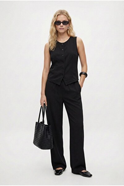 Ritnice Women's Leya Premium Woven Vest Pants Black Bottom Top Set