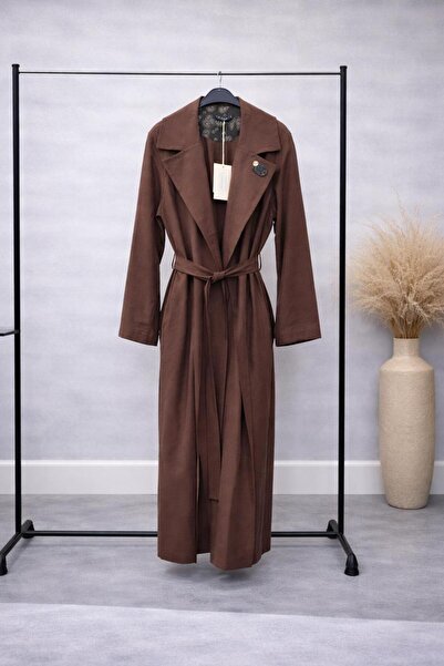 Ceremony Kemerli Uzun Trençkot – Kruvaze Yaka Modern Kahverengi Tasarım