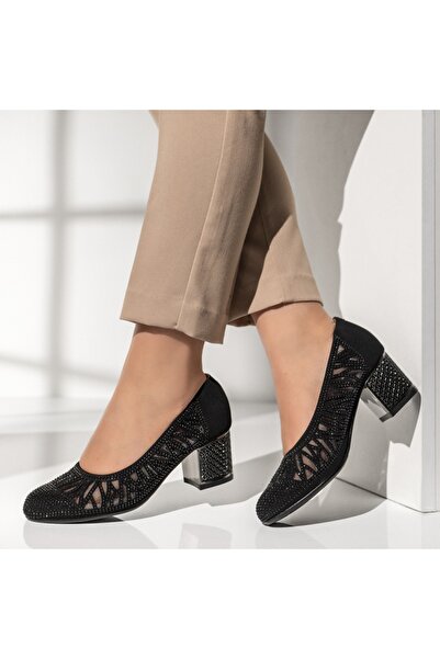 Modlet.ro Women's black suede block heel shoes with rhinestones MOD14196