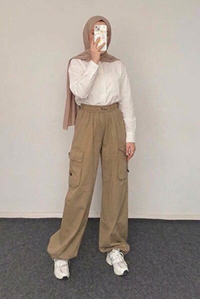 Tesettür Diyarı Γυναικείο Παντελόνι Cargo Extra Baggy με Τσέπες από Λινό - Μπεζ