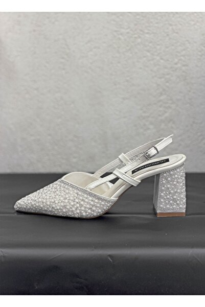 NUR KARACA 1296 Y-600 Pearl Stone Dress Shoes 8 cm Thick Heel Half Open Stile...
