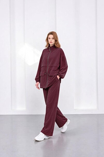 Basicpark Plum Women's Waist Elastic Detailed Pocketed Zipper Closure Oversiz...