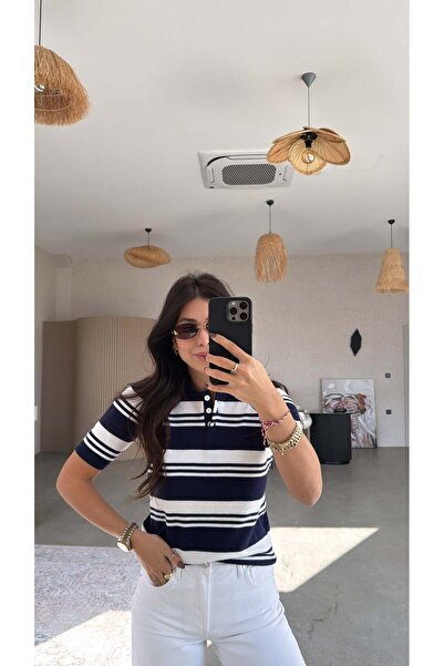 Buket Teke Μπλούζα πλεκτό Massi με κοντό μανίκι Navy Blue Ριγέ