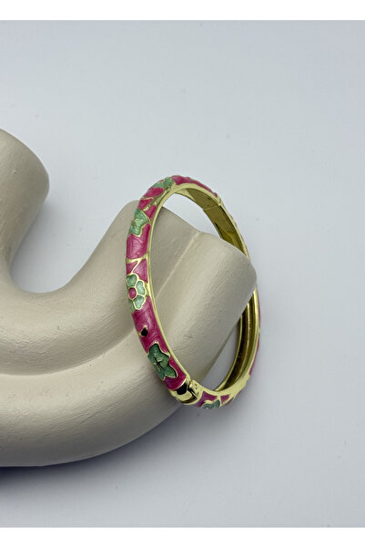 BİJU YILMAZ Vip Gold Green Floral Pink Enamel Handcuffs - 26Klp27