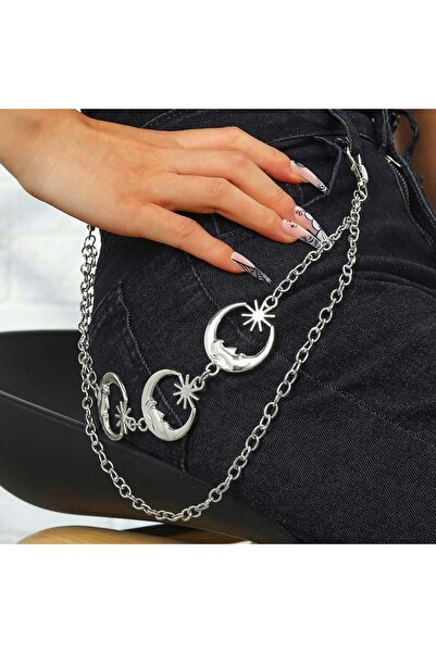 Corvus kolye&bileklik Silver Gotik Ay ve Güneş Detaylı Gotik Pantolon Zinciri