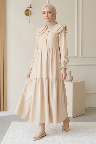 FERHEL Women's Layered Ruffled Peter Pan collar Robadan Hijab Dress - Beige