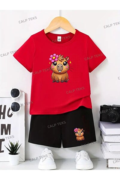 CALP TEKS Kiz Si̇ncap Cappy Printed Shorts-T-Shirt Lower and Upper Children's...