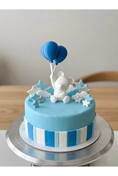 hediyesepetinde Ayıcık Mavi Balonlu Pasta Süsü —10 cm– Bebek Doğum Günü & Bab...