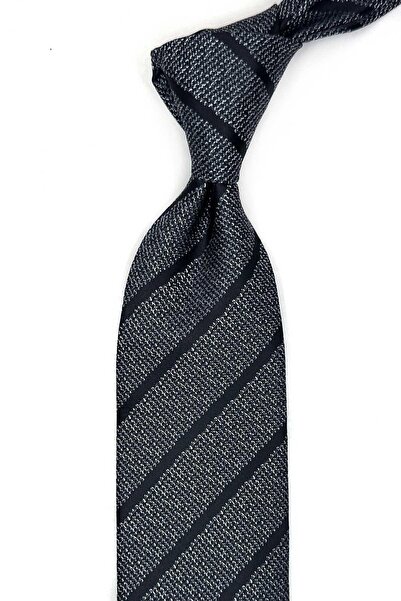 Kravatkolik Black - White Stripe Pattern Classic Tie with Handkerchief Kk13505