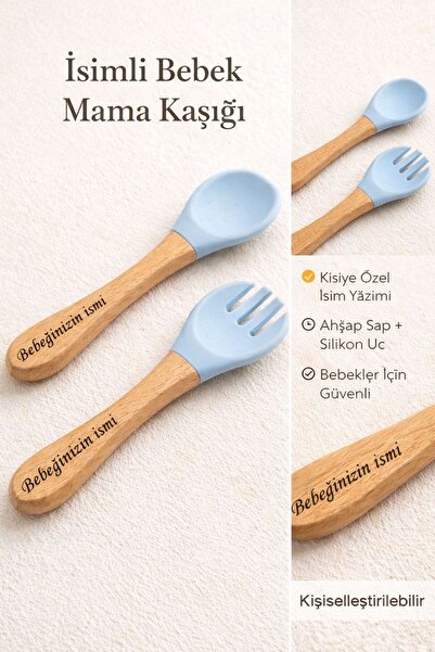 Bebek mama kaşığı ve çatalı silikon uçlu. ahşap saplı (kişiselleştirilebilir)