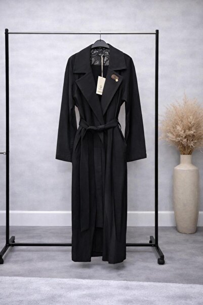 Ceremony Kemerli Uzun Trençkot – Kruvaze Yaka Modern Siyah Tasarım