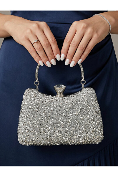 Çanta Trend Women's Stoned Hand-Embellished and Long Chain Strap Piece Bun Mo...