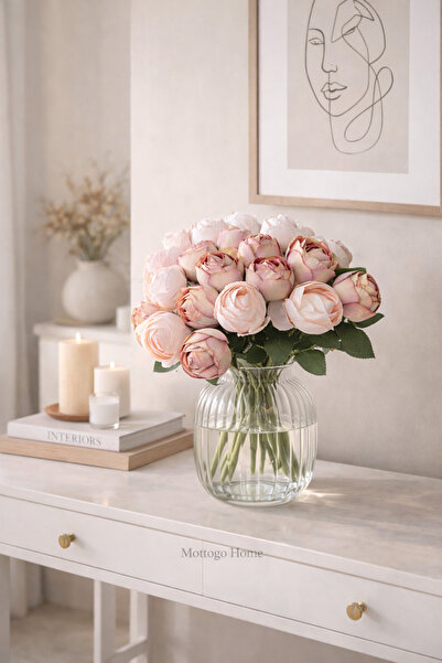 Mottogo Buchet de trandafiri artificiali în tonuri pastel, cu 20 de capete, c...