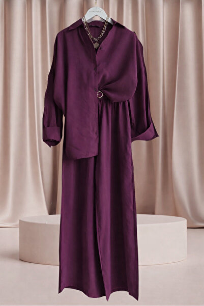 Çağlam moda Mürdüm Renk Salaş Kesim İkili Takım – Düğme Detaylı Gömlek ve Bol...