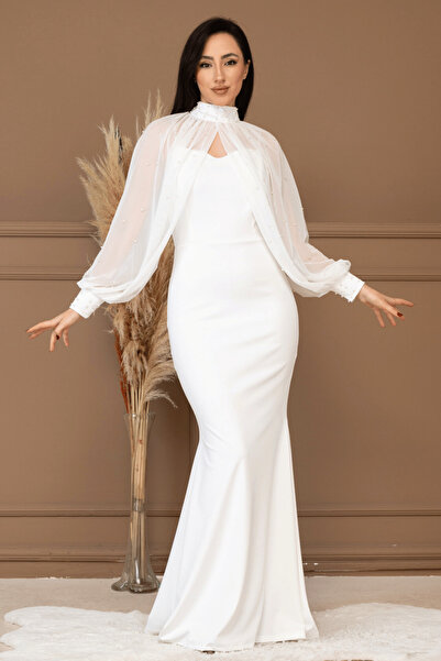 BEYBOS Κρεπ ύφασμα Pearl Bolero Λεπτομερές Φόρεμα Ψαριού - ΛΕΥΚΟ