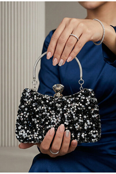 Çanta Trend Women's Stoned Hand-Embellished and Long Chain Strap Piece Bun Mo...