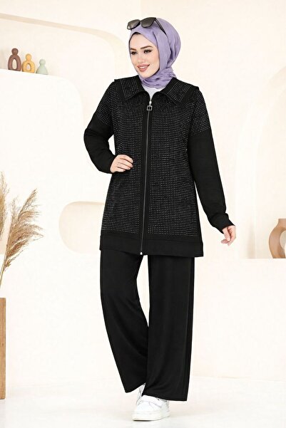 HİRA LİFE FASHİON Women's Islamic Clothing Front Zipper Full Stone Embellishe...