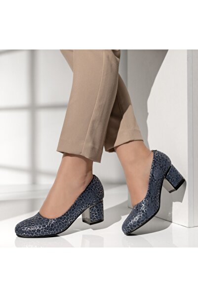 Modlet.ro Women's blue block heel shoes with print MOD14192