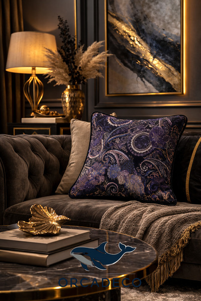 orcadeco -Paisley Desenli Dekoratif Kırlent Kılıfı–Lacivert Mor Jakarlı Lüks ...