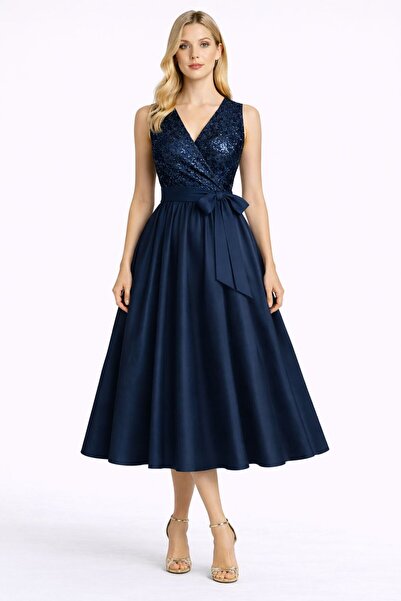 UNTIMELY Double-Breasted Stylish Navy Blue Dress with Closure and Belt Midi L...