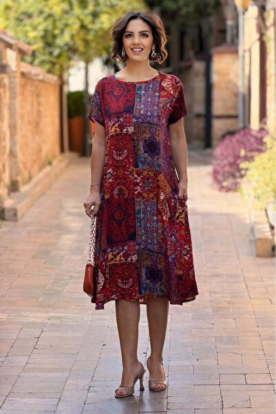 Nevin Kaya Moda Red Color Amber Patterned Round Neck Dress