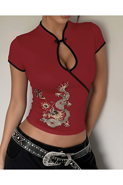 Toum Mandarin Collar Dragon Motif Vintage Qipao Short Sleeve Cropped