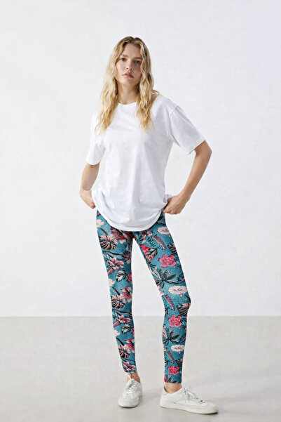 BEGBOR COLLECTİONS Turkuaz Floral Print High Waist Casual Sports Leggings
