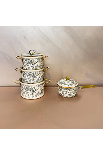 Nu 5-piece enamel pot set with lids, enameled steel, Autumn floral pattern, m...