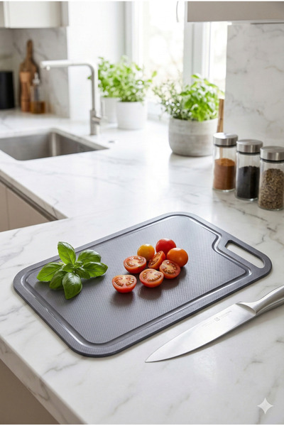 Selenica Premium Oluklu Kesim Panosu Mutfak Kesme Tahtası 32x22 cm Gri